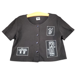 Tapestry Women's Petite Button Front Top Short Sleeve Black Patches Cat